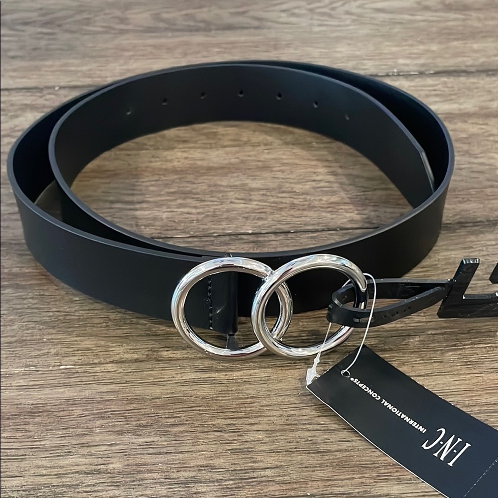 INC Black Belt with Silver Double Ring Buckle XL NEW